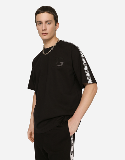 Shop Dolce & Gabbana Technical Jersey T-shirt With Dg-logo Bands In Black