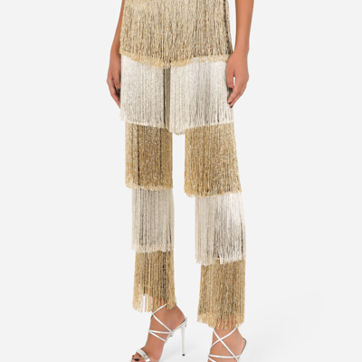 Shop Dolce & Gabbana Lace Pants With Beaded Fringing In Multicolor