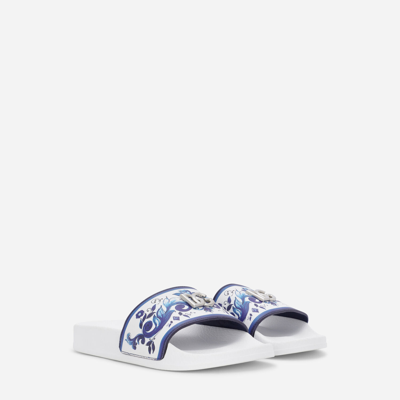 Dolce & Gabbana Majolica-print Sliders With Metal Dg Logo In Multicolor