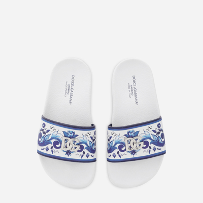 Dolce & Gabbana Majolica-print Sliders With Metal Dg Logo In Multicolor