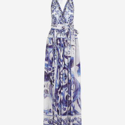 Shop Dolce & Gabbana Long Sleeveless Chiffon Dress With Majolica Print In Multicolor