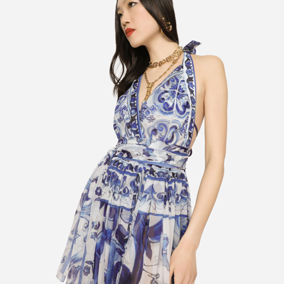 Shop Dolce & Gabbana Long Sleeveless Chiffon Dress With Majolica Print In Multicolor