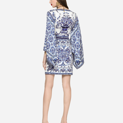 Dolce & Gabbana Short Majolica-print Charmeuse Dress In Multicolor