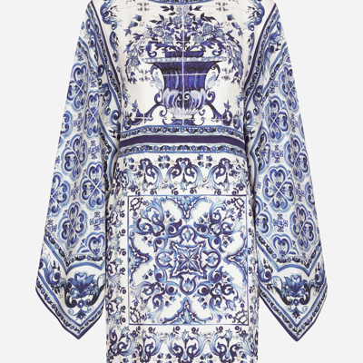 Dolce & Gabbana Short Majolica-print Charmeuse Dress In Multicolor
