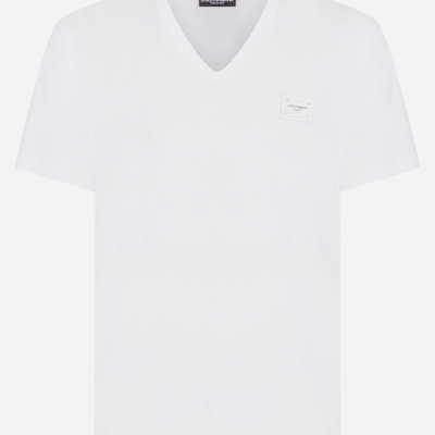 Shop Dolce & Gabbana Cotton V-neck T-shirt With Branded Plate In White