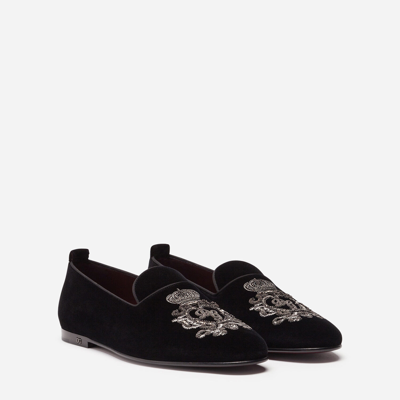 Shop Dolce & Gabbana Velvet Slippers With Coat Of Arms Embroidery In Black