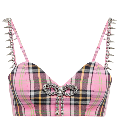 Shop Area Embellished Cropped Plaid Corset Top In Pink Plaid