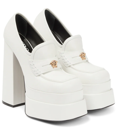 Shop Versace Aevitas Leather Platform Loafer Pumps In Bianco Ottico-oro