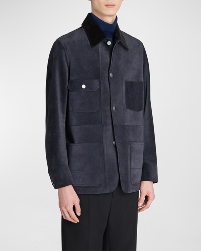 Shop Berluti Men's Corduroy Collar Suede-leather Jacket In Cold Night Blue