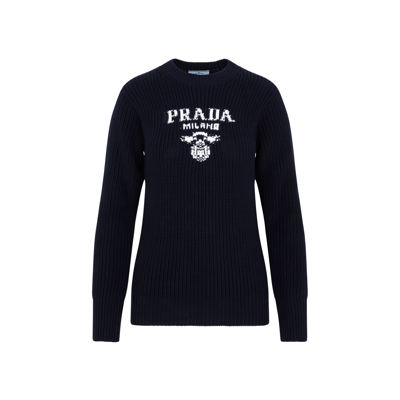 Shop Prada Cotton Pullover Logo Sweater In Blue