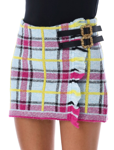 Shop Cormio Mini Knit Tartan Skirt In Light Blue