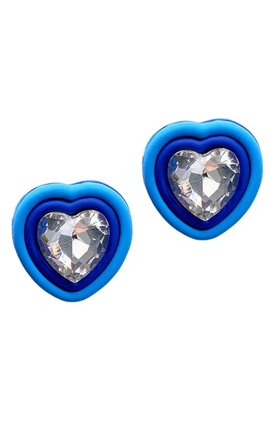 Shop Adornia Rhodium Plated Crystal Heart Stud Earrings In Blue