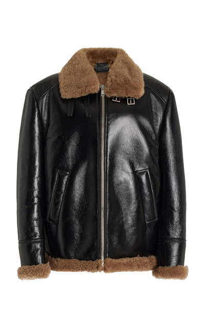 Shop Prada Shearling Leather Bomber Jacket In Black