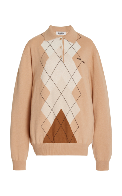 Miu Miu Intarsia Cashmere Polo Shirt In Brown