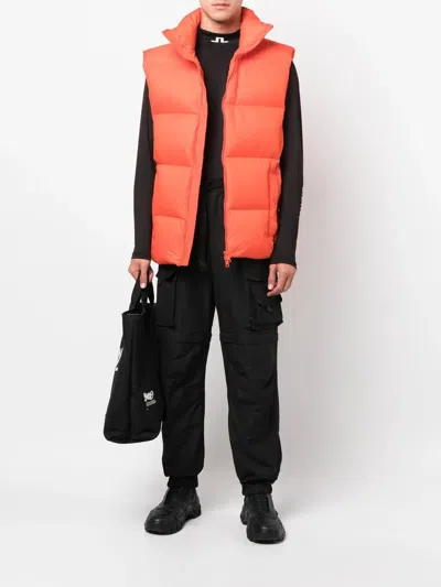 Msgm Logo Embroidered High Collar Padded Jackets In Orange