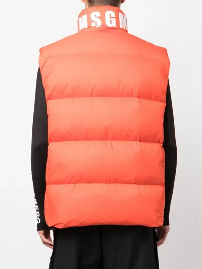 Msgm Logo Embroidered High Collar Padded Jackets In Orange