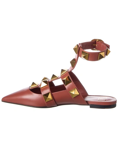 Shop Valentino Roman Stud Leather Ankle Strap Flat In Brown