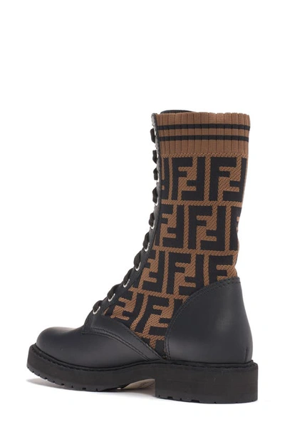 Shop Fendi Rockoko Logo Sock Lace-up Combat Boot In Black/ Brown