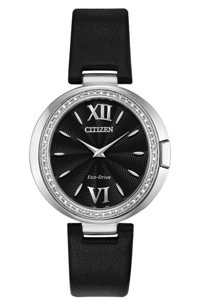 Shop Citizen Capella Diamond Embellished Leather Strap Watch, 34mm In Silver
