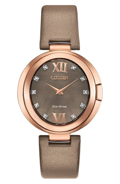 Shop Citizen Capella Diamond Dial Leather Strap Watch, 34mm In Rose