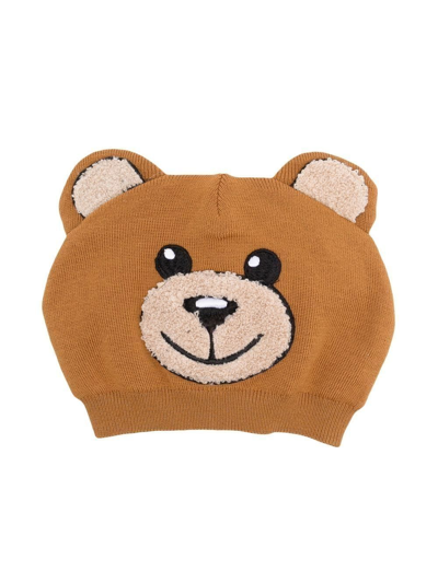 Shop Moschino Teddy Bear Faux-shearling Trim Beanie In Brown