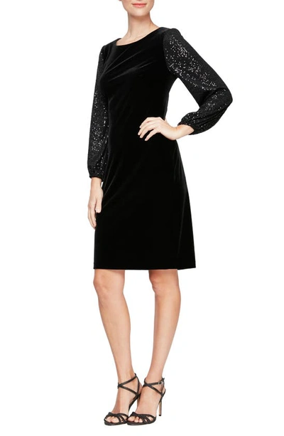 Shop Alex Evenings Sequin Long Sleeve Velvet Sheath Dress In Black