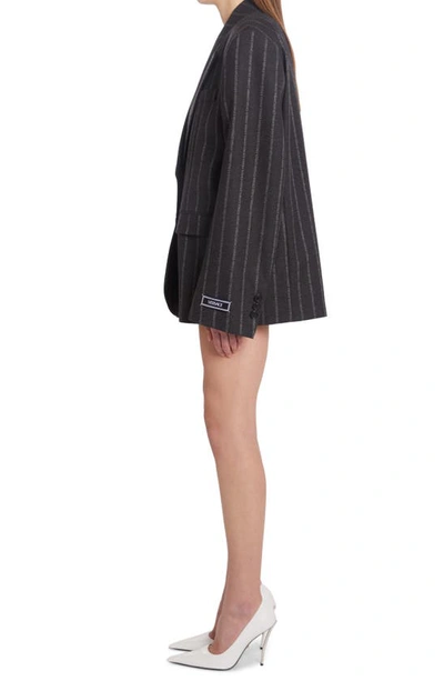 Shop Versace Logo Pinstripe Oversize Single Breasted Virgin Wool & Cotton Blazer In Charcoal Melange