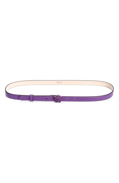 Shop Versace Medusa Leather Skinny Belt In True Purple- Gold