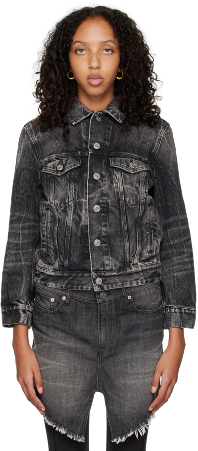 Shop Balenciaga Black Shrunk Crinkled Denim Jacket In 1090 Noir/i