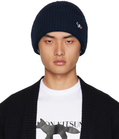 Shop Maison Kitsuné Navy Tricolor Fox Beanie In P480 Navy