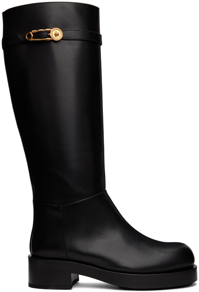 Shop Versace Black Safety Pin Tall Boots In 1b00v Black-