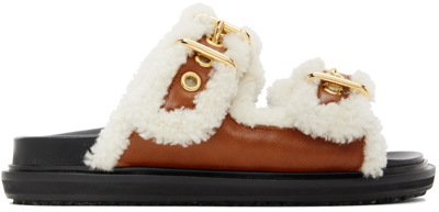 Shop Marni Brown & Off-white Shearling Fussbett 2 Sandals In Zo268 Cigar/natural