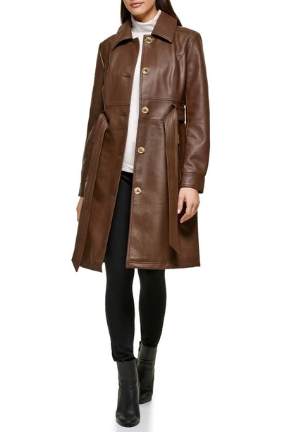 Guess Faux Leather Belted Trench Coat In Chocolate | ModeSens