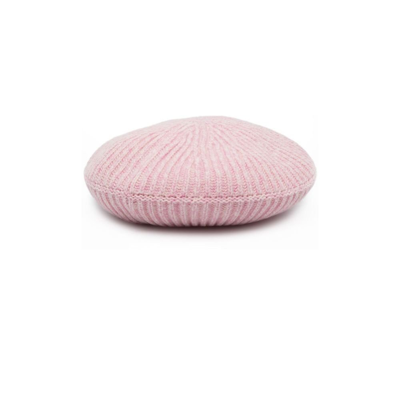 Ganni Logo-patch Ribbed-knit Beret In Pink