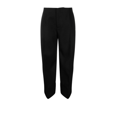 Shop Bottega Veneta Black Cropped Curved-seam Wool Trousers