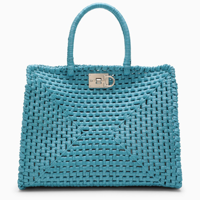 Shop Ferragamo Blue Raffia Tote Bag In Light Blue