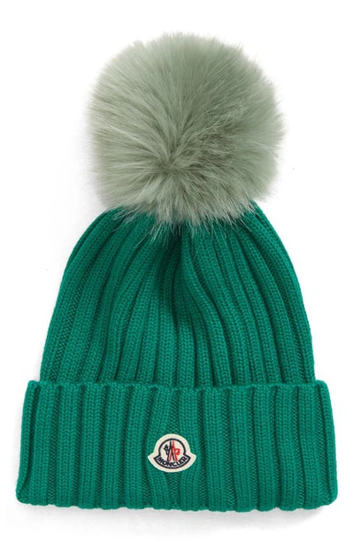 Shop Moncler Wool Rib Beanie With Faux Fur Pompom In Military