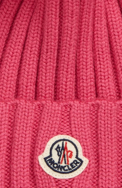 Shop Moncler Wool Rib Beanie With Faux Fur Pompom In Pink