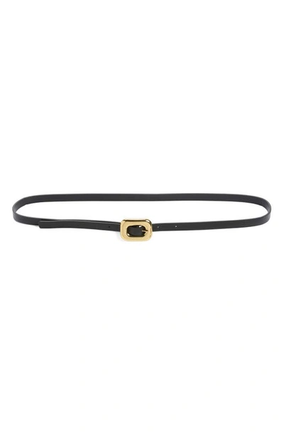 Shop Bottega Veneta Oval Buckle Slim Leather Belt In Black/ Brass