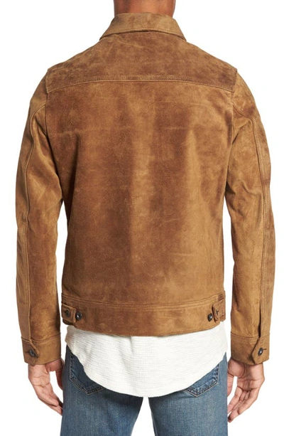 Schott Unlined Rough Out Oiled Cowhide Trucker Jacket In Brown