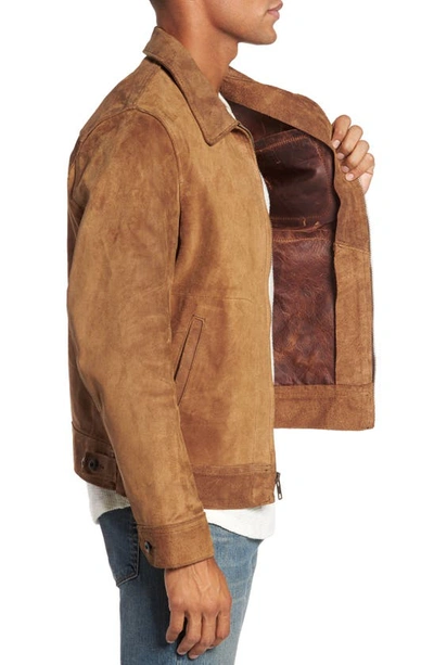 Schott Unlined Rough Out Oiled Cowhide Trucker Jacket In Brown