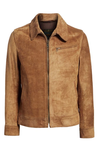 Schott Unlined Rough Out Oiled Cowhide Trucker Jacket In Brown