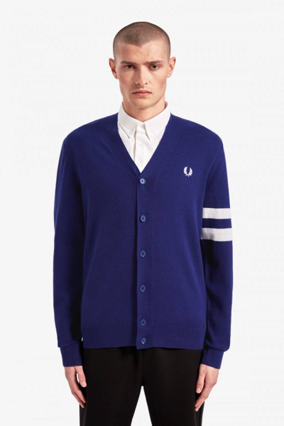 Pre-owned Fred Perry Aw19  Tipped Sleeve Cardigan In Blue