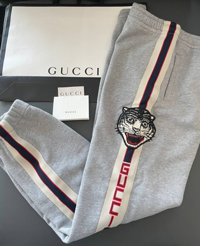 Pre-owned Gucci $2k+ Brandnew Super Runway Tiger Track Sweatpants In Grey |  ModeSens