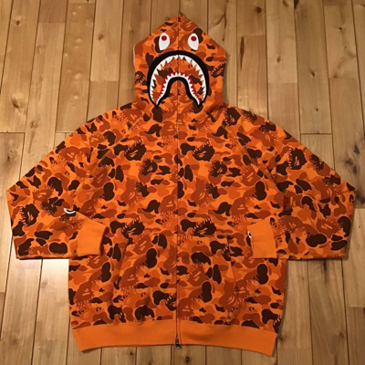 Pre-owned Bape Fire Camo Shark Full Zip Hoodie Orange Camo | ModeSens