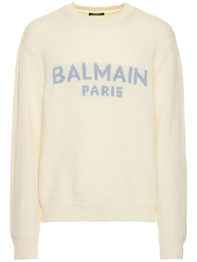 Pre-owned Balmain Intarsia Wool Sweater In Cream