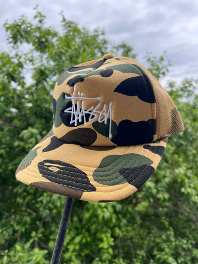 Pre-owned Bape X Stussy Bape Stussy Trucker Hat Green Yellow | ModeSens