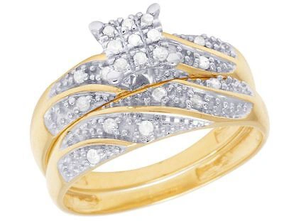 Pre-owned Jewelry Unlimited Men's Ladies 10k Yellow Gold Genuine Diamond Square Trio Wedding Ring Set 1/3 Ct