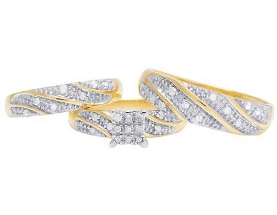 Pre-owned Jewelry Unlimited Men's Ladies 10k Yellow Gold Genuine Diamond Square Trio Wedding Ring Set 1/3 Ct