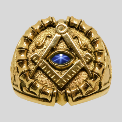 Pre-owned Handmade Masonic 14k Gold Ring Sapphire All Seeing Eye Freemason Memento Mori Size